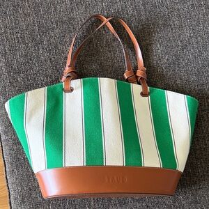 STAUD Green and Cream Striped Tote with Brown Accents